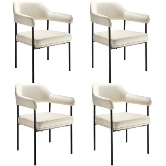 CHAISE - TECTAKE - Lot de 4 fauteuils rembourrés DOÉ avec pieds en acier et dossier continu - Tissu blanc cassé/noir