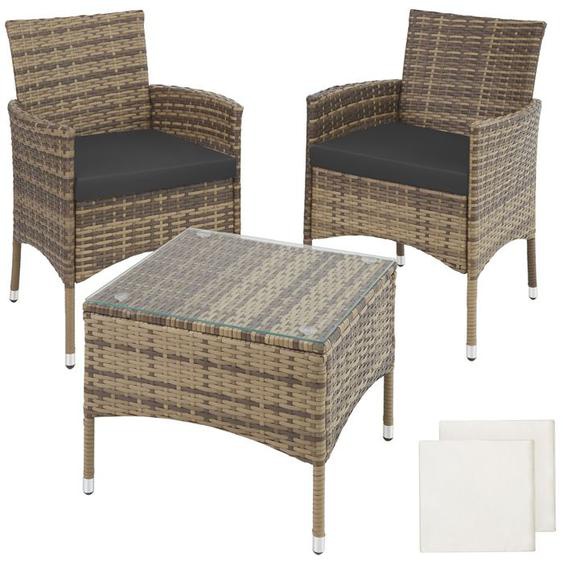 ENSEMBLE TABLE CHAISE DE JARDIN - TECTAKE - Salon de jardin LUCERNE Pour 2 personnes 2 sets de housses Résistant UV - Marron