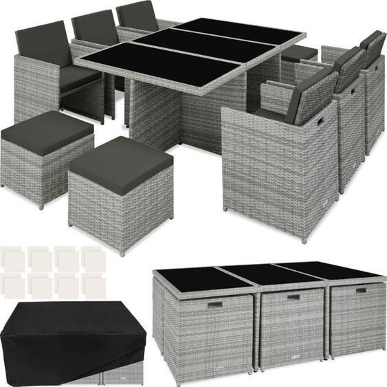 ENSEMBLE TABLE CHAISE DE JARDIN - TECTAKE - Salon de jardin NEW YORK cadre en aluminium 2 sets de housses pliable - Gris Clair