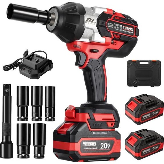 TEENO Clé à chocs sans fil 1300N.m avec 2x 4.0Ah batterie lithium,1/2 pouce Clé à chocs rotative sans balais avec 5 douilles(17/19/21/22/24mm) et lumière LED, chargeur rapide