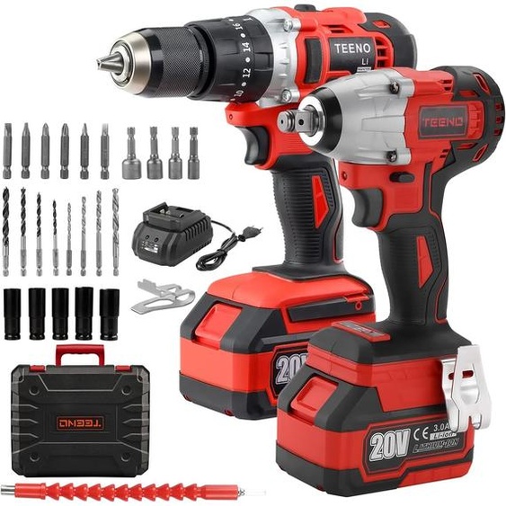 TEENO Clé à chocs sans fil + perceuse à percussion,avec 2 batteries 3,0 Ah et 1 chargeur, 29 accessoires, 2 vitesses