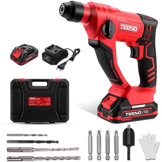 TEENO Marteau perforateur sans fil, 2 batteries et chargeur, puissance de frappe 1,2 J, capacité de perçage pour béton 14 mm