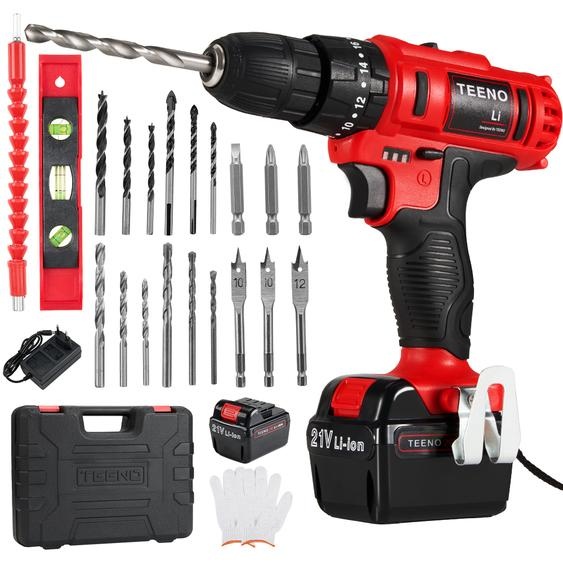 TEENO Perceuse-tourneuse sans fil 21V avec 2 batteries 2000mAh, 40Nm, 18+3 positions de couple, 20 accessoires