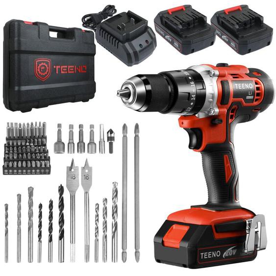 Teeno - Perceuse visseuse à percussion 20 v 45Nm, Perceuse à percussion sans fil 2 x 2Ah batteries, 25+3 Réglages de Couple, 69 Accessoires, pour
