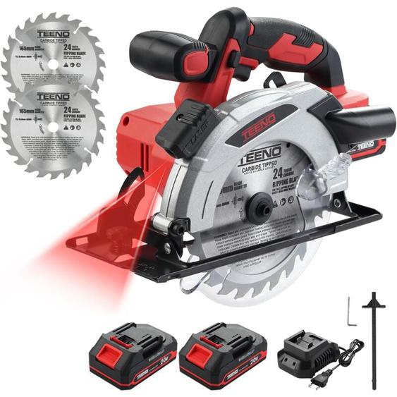 Teeno - Scie circulaire laser sans fil,frein électrique,20v 2 x 2.0 ah batteries, 2X165mm lames, 4000 RPM,profondeur et angle de coupe réglables