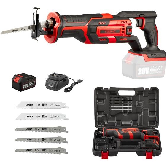 TEENO Scie sabre sans fil 20V avec 3300 tr/min, 40 min dautonomie, y compris batterie 3,0 Ah, chargeur, 5 lames de scie et coffret de transport en plastique
