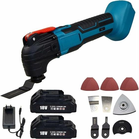 Teetok - 18v Li-ion Sans fil Multi Tool 6 vitesses oscillant Multi Tool Saw Blade Sanding Keyless Blade Change +2x 3.0A Batterie +