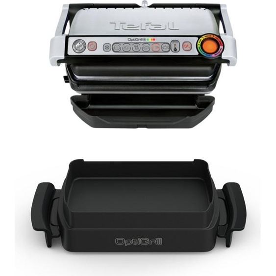 TEFAL OptiGrill + GC714D OptiGrill+ Snacking&Baking GC714D, Acier inoxydable, Rectangulaire, 600 cm², Aluminium, Thermoplastique, Prêt à cuire, Température