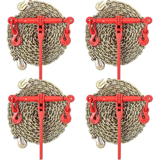 Tendeur à chaîne, kit darrimage de 8 mm avec une capacité de charge de travail de 2,45 tonnes et deux crochets de fixation, comprend (4) tendeurs à cliquet - (4) chaînes de 6,4 m de grade 80, ensemble de transport pour le remorquage et le transport de