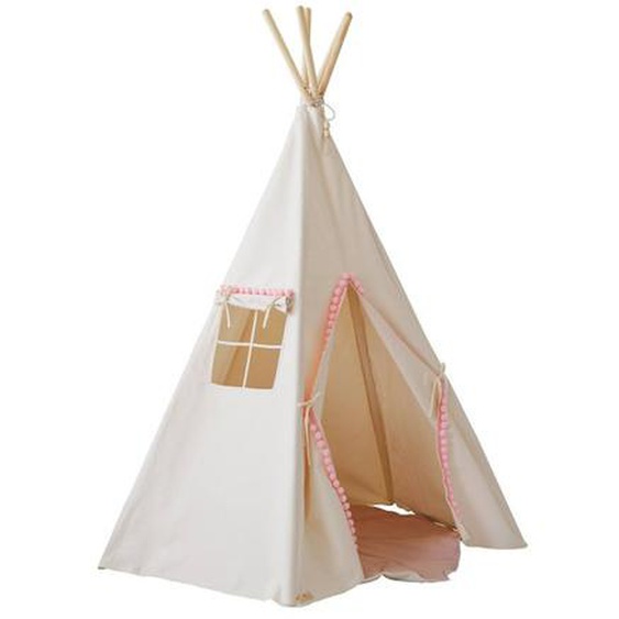 Tente Tipi Fluffy Pompoms Avec Tapis En Coton Beige