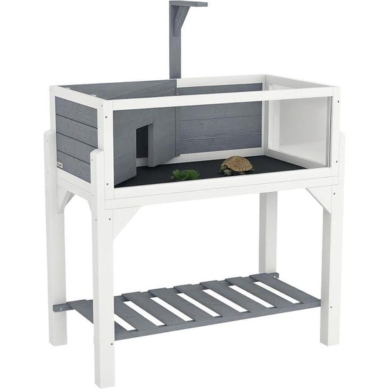 Terrarium pour tortues terrestres sur pieds, avec deux zones : un espace dédié aux tortues terrestres avec un toit ensoleillé et une zone interactive. Dimensions : 90 cm. Comprend un support pour lampes, une vue panoramique et une étagère. Couleur : gris