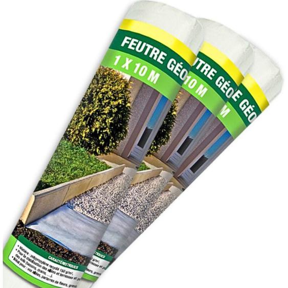 Terre Jardin - Rouleau Feutre géotextile - 1 x 10 m - 150g/m2 - Rouleau géotextile anti repousse - Paillage pour plante, Drainage, Gravier Lot de 3