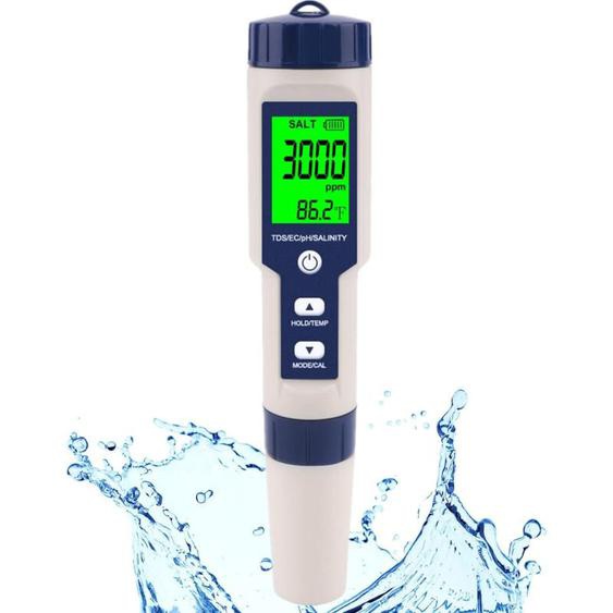 Testeur de sel et pH-mètre pour piscine, salinomètre numérique Hofun et testeur de pH pour aquarium et piscine deau salée, 5 en 1, salinité, pH,
