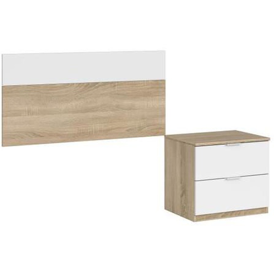 Tête de lit 1 personne avec 1 chevet 2 tiroirs - Blanc et chêne - TL81013 - Bois naturel - Terre de Nuit