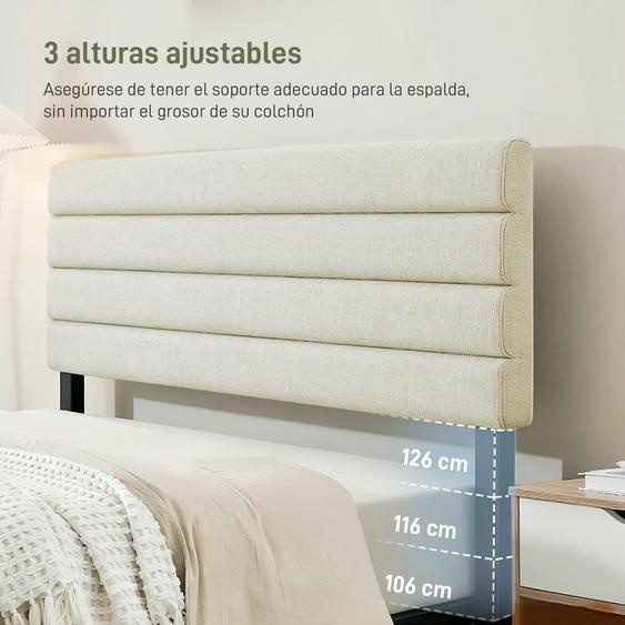 Tête de lit - 140 x 10 x 126 cm - Revêtement en lin - Autoportante - Réglable en hauteur sur 3 niveaux 106/116/126 cm - Gris