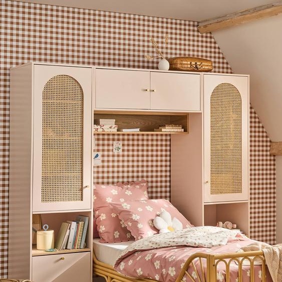 Tête de lit pont en cannage avec rangement rose