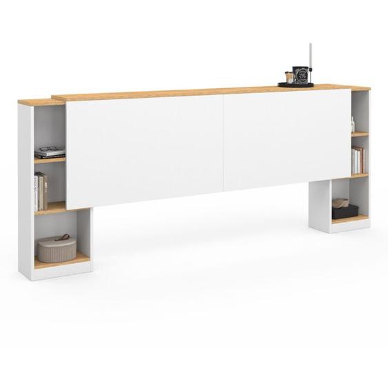 Tête de lit sur pied extensible avec chevets coulissants catba pour lit 140 et 160 cm blanc et façon bois