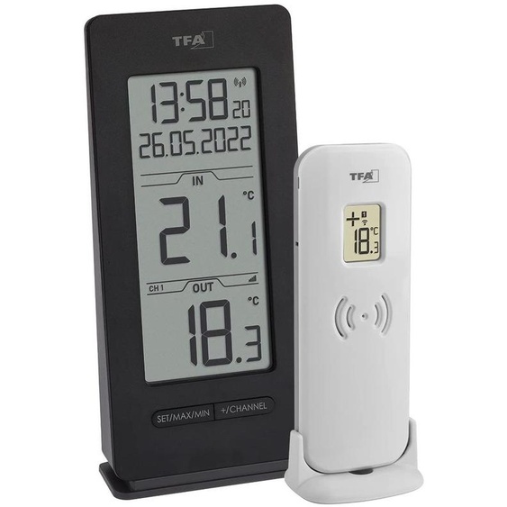 TFA Dostmann Thermomètre radio intérieur/extérieur, 30.3072.01.90, avec horloge radio et date, fonction max/min, sans fil, exclusivité Amazon, noir