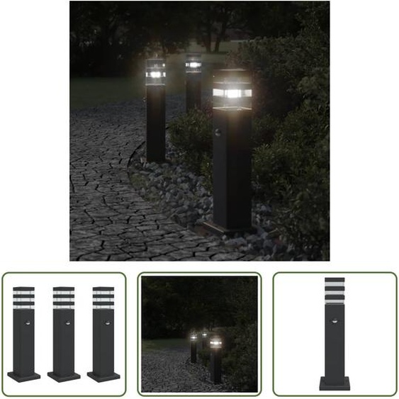 The Living Store : 3 lampes de chemin avec détecteur de mouvement, noir, 50 cm, aluminium