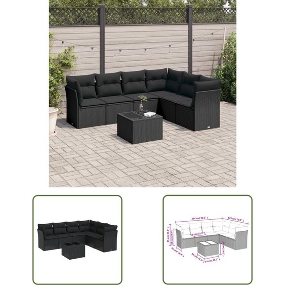 The Living Store 7-pièces salon de jardin avec coussins noir poly rotin