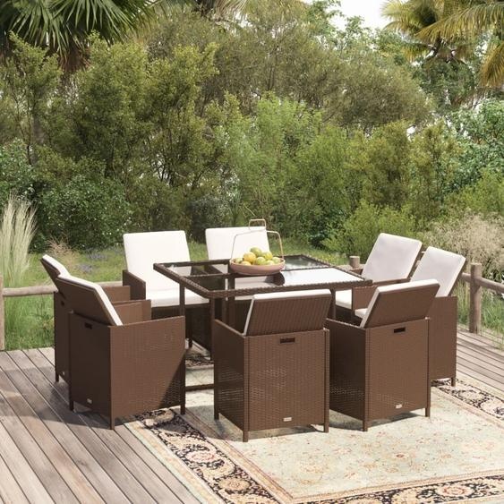 The Living Store 9 pcs. salon de jardin avec coussins Poly rotin brun