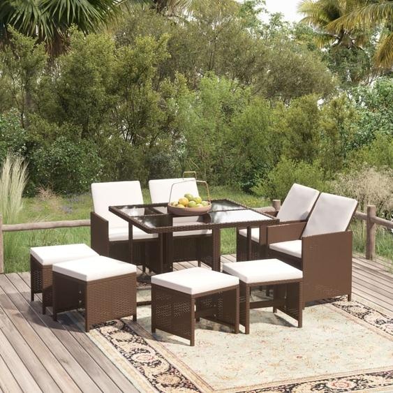 The Living Store 9 pcs. salon de jardin avec coussins Poly rotin brun