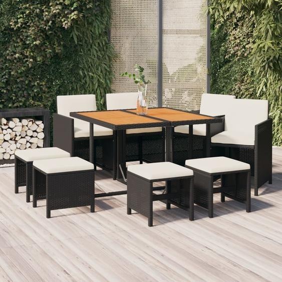 The Living Store 9 pcs. salon de jardin avec coussins Poly rotin noir