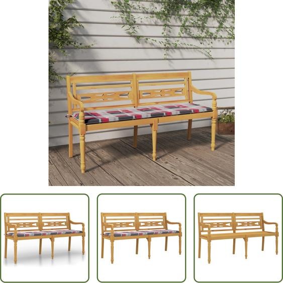The Living Store : banc Batavia avec coussins à carreaux rouges, 150 cm, en teck massif