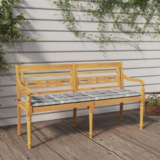 The Living Store : banc Batavia avec coussins gris à carreaux, 150 cm, en teck massif