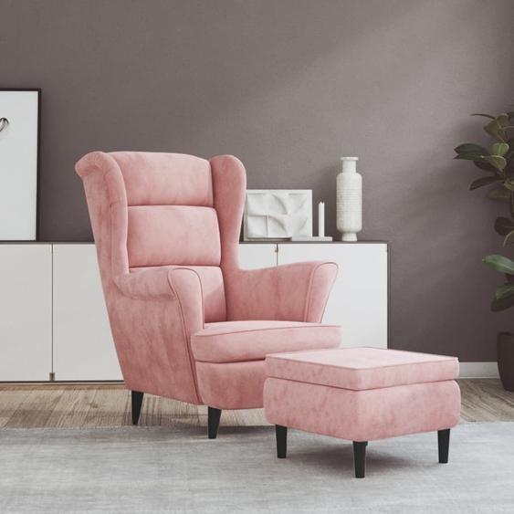 The Living Store Chaise à oreilles avec tabouret Velours rose