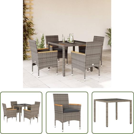 The Living Store Ensemble de jardin 5 pièces avec coussins Gris Poly rotin et verre