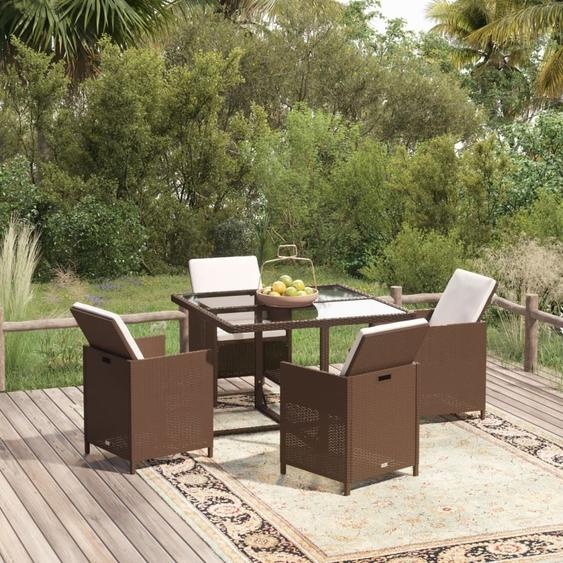 The Living Store Ensemble de jardin 5 pièces avec coussins Poly Rattan Brun
