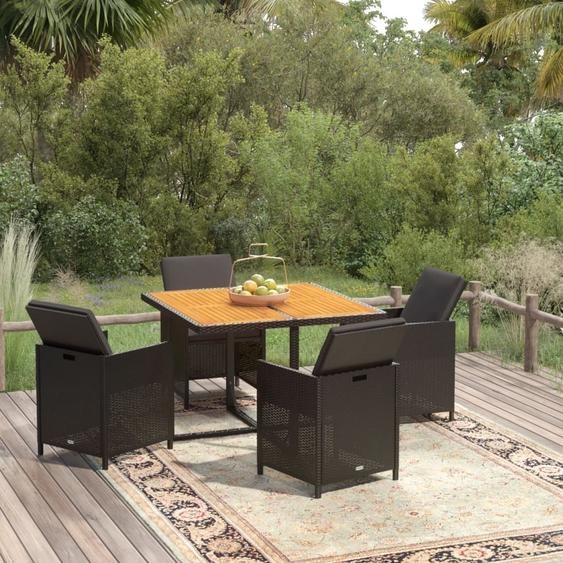 The Living Store Ensemble de jardin 5 pièces avec coussins Poly rotin noir