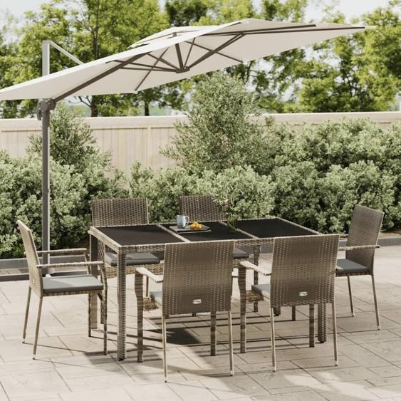 The Living Store Ensemble de jardin 7 pièces avec coussins Gris Poly Rattan