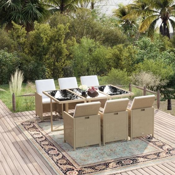 The Living Store Ensemble de jardin 7 pièces avec coussins Poly Rattan Beige