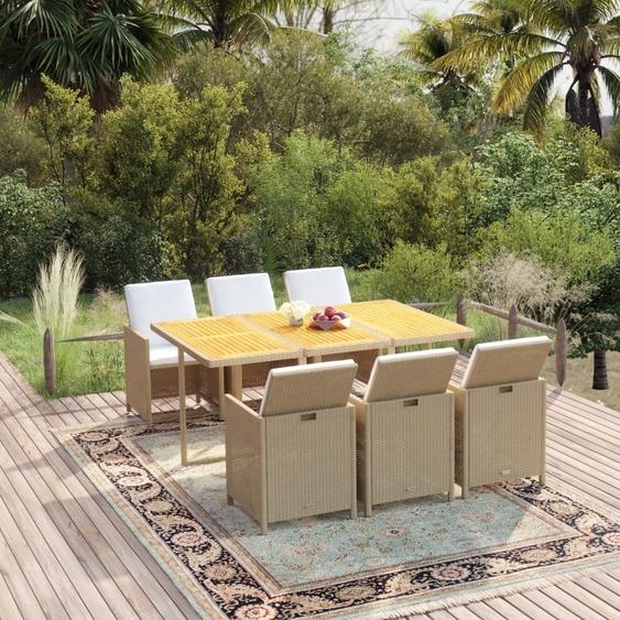 The Living Store Ensemble de jardin 7 pièces avec coussins Poly Rattan Beige
