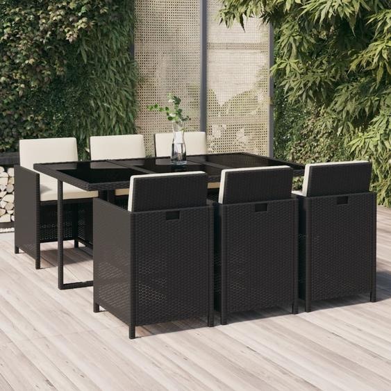 The Living Store Ensemble de jardin 7 pièces avec coussins Poly rotin noir