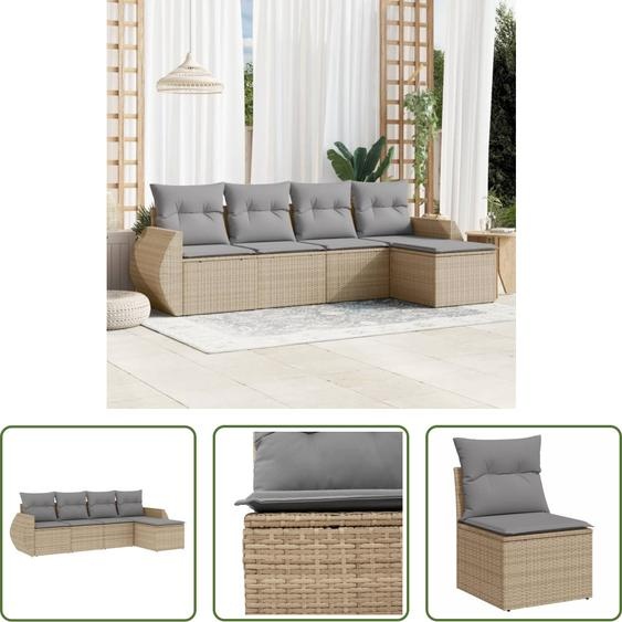 The Living Store Ensemble de salon de jardin 5 pièces avec coussins Beige Poly Rattan