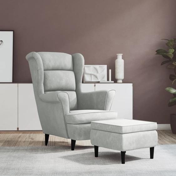 The Living Store Fauteuil à oreilles avec pouf gris clair velours