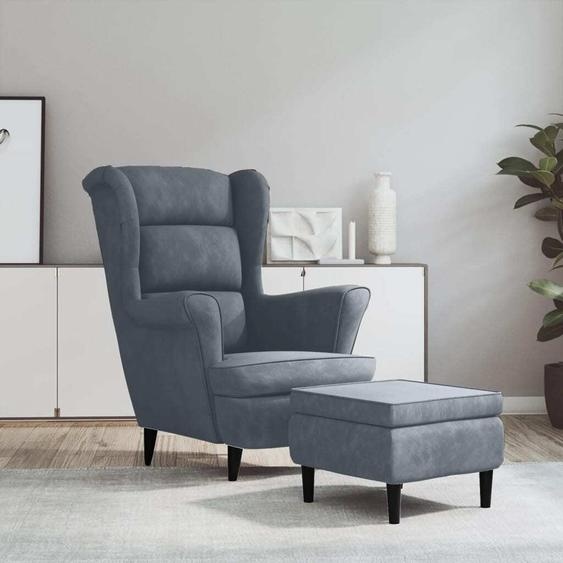 The Living Store Fauteuil à oreilles avec pouf gris foncé velours