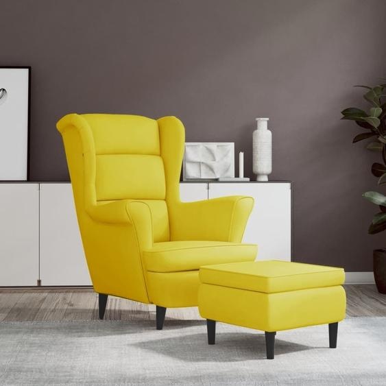 The Living Store Fauteuil à oreilles avec pouf jaune moutarde velours
