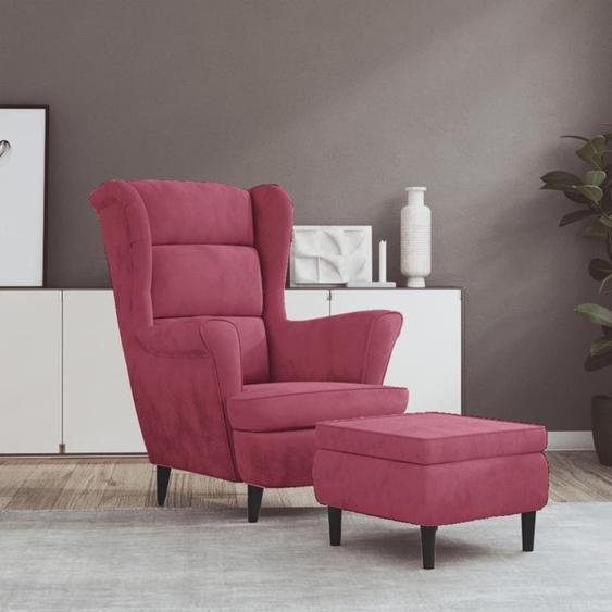The Living Store Fauteuil à oreilles avec pouf vin rouge velours
