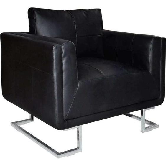 The Living Store Fauteuil cube avec pieds chromés Noir Similicuir