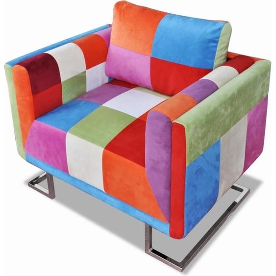 The Living Store Fauteuil cube avec pieds chromés Patchwork design Tissu