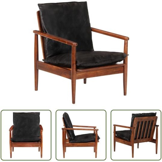 The Living Store Fauteuil noir cuir véritable et bois massif acacia