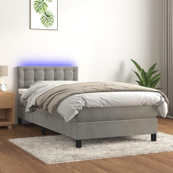 The Living Store Lit Boxspring avec matelas & LED Gris clair 80x200 cm Velours