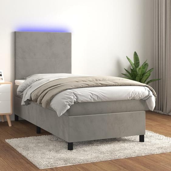 The Living Store Lit Boxspring avec matelas & LED gris clair 90x190 cm velours