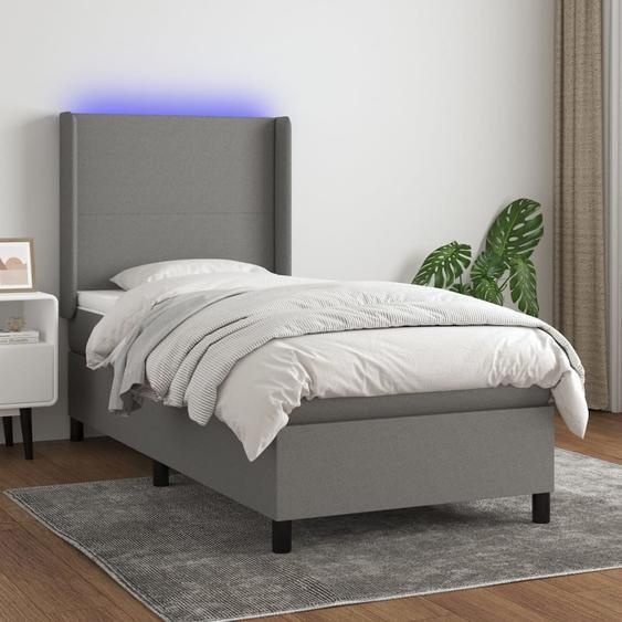 The Living Store Lit Boxspring avec matelas & LED Gris foncé 80x200 cm Tissu