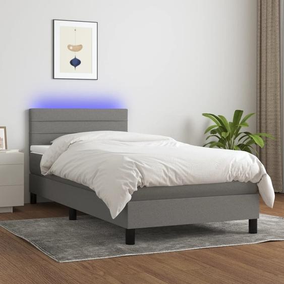 The Living Store Lit Boxspring avec matelas & LED Gris foncé 90x190 cm Tissu