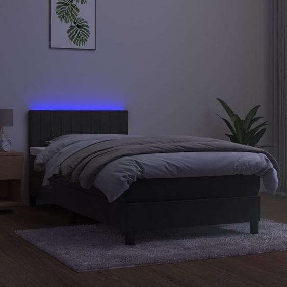 The Living Store Lit Boxspring avec matelas & LED gris foncé 90x200 cm velours